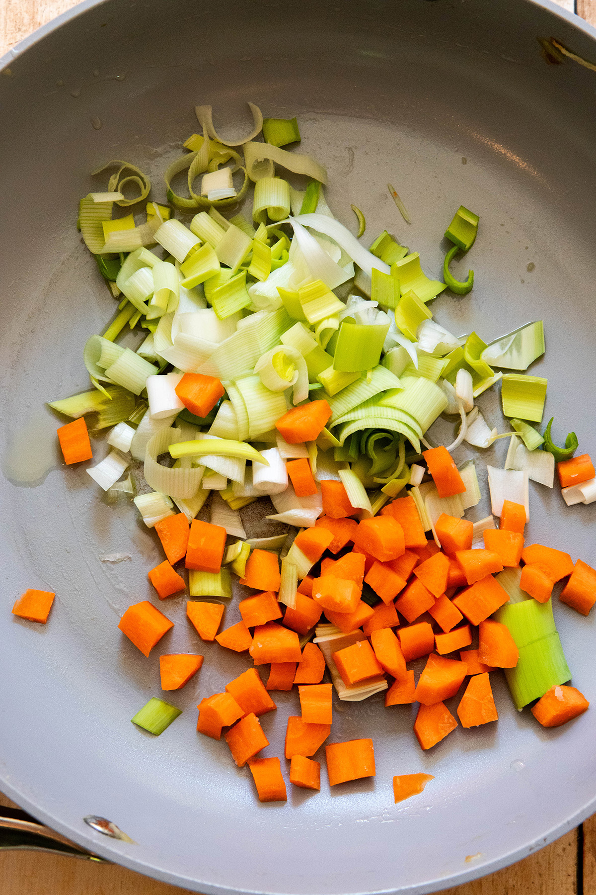 carrot and leek in a pan