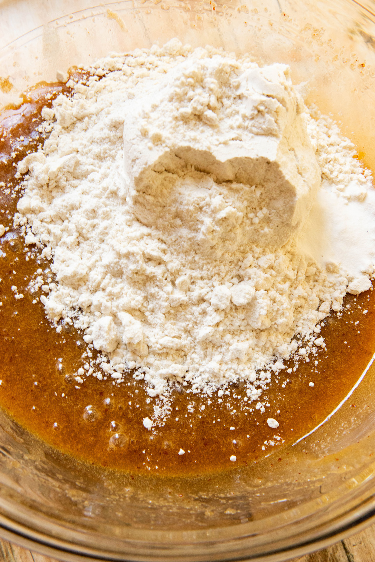 flour sitting on top of wet ingredients