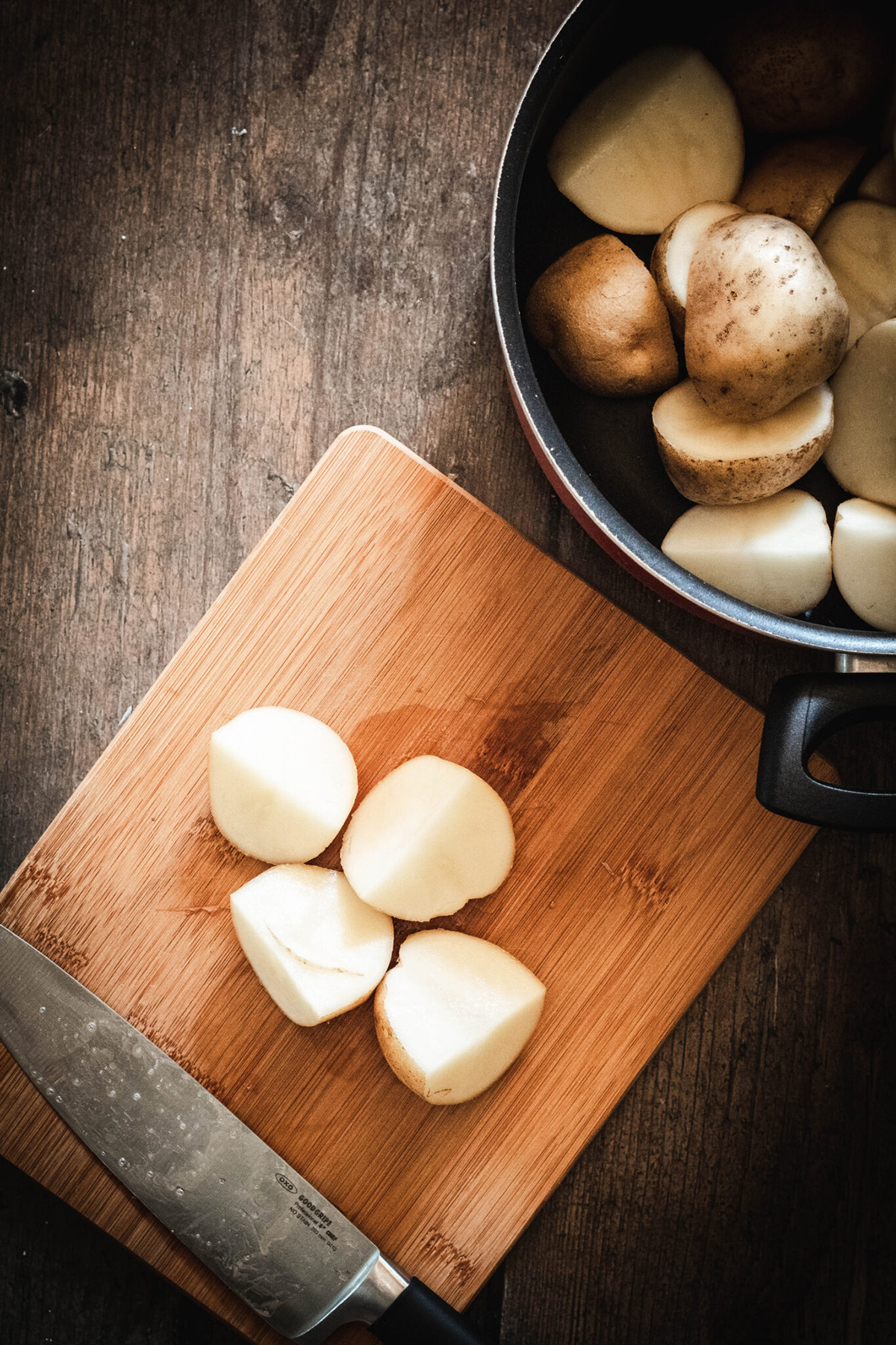 chopped potatoes on a cutting board