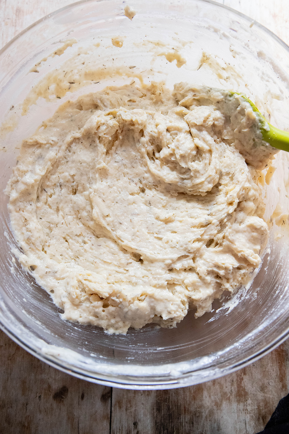 savory muffin batter in a glass bowl