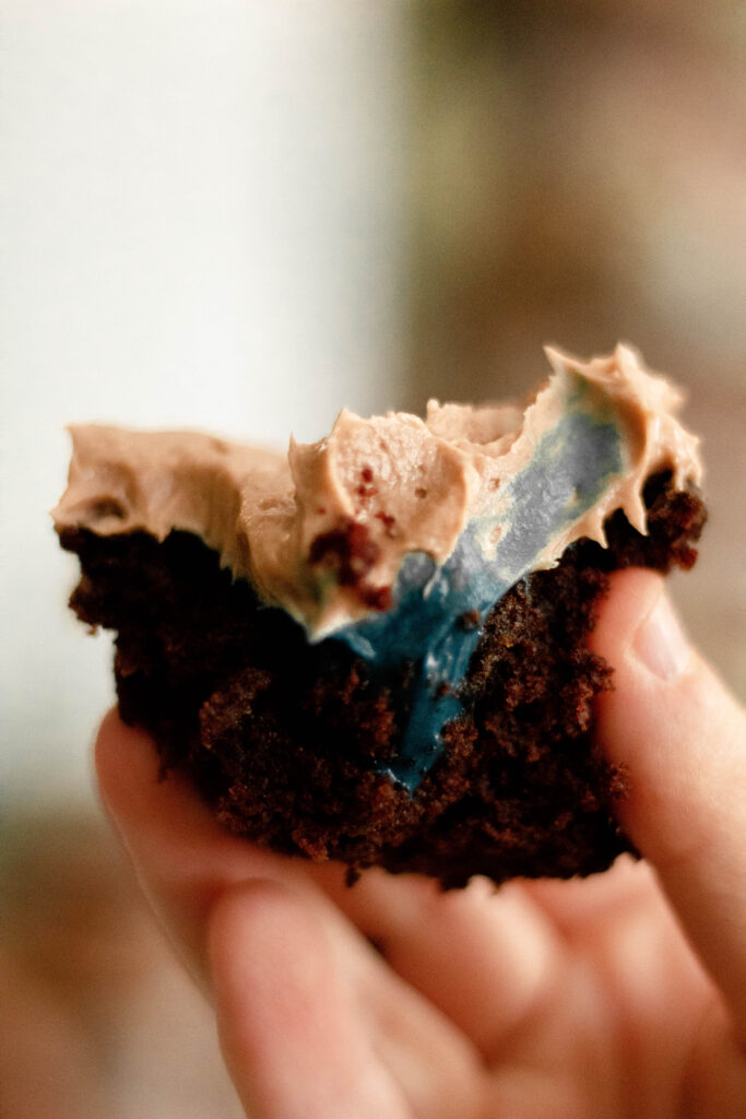 Inside of a cupcake with blue icing